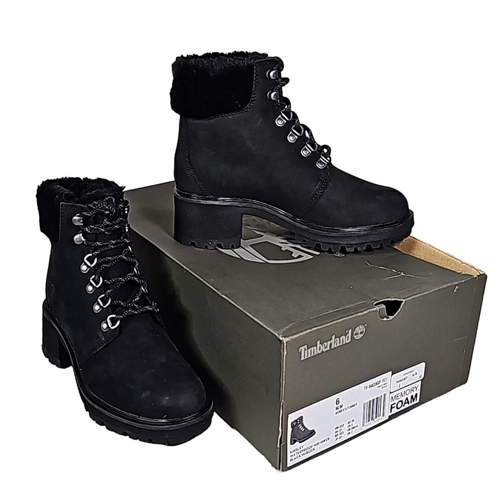 Timberland Kinsely Waterproof Mid Hiker Black Leather Boots Womens 6 NEW
